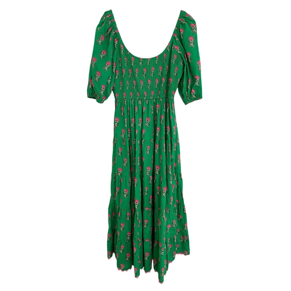 PINK CITY PRINTS Tuckernuck Parakeet Blossom Angelina Midi Smocked Dress Green M - Picture 5 of 9